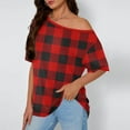 thumbnail image 2 of YUGYXL Women's Off Shoulder Shirt Fashion Plaid Short Sleeve Crewneck Tee Shirts Spring Loose Comfort Casual Tops Red XXL, 2 of 6