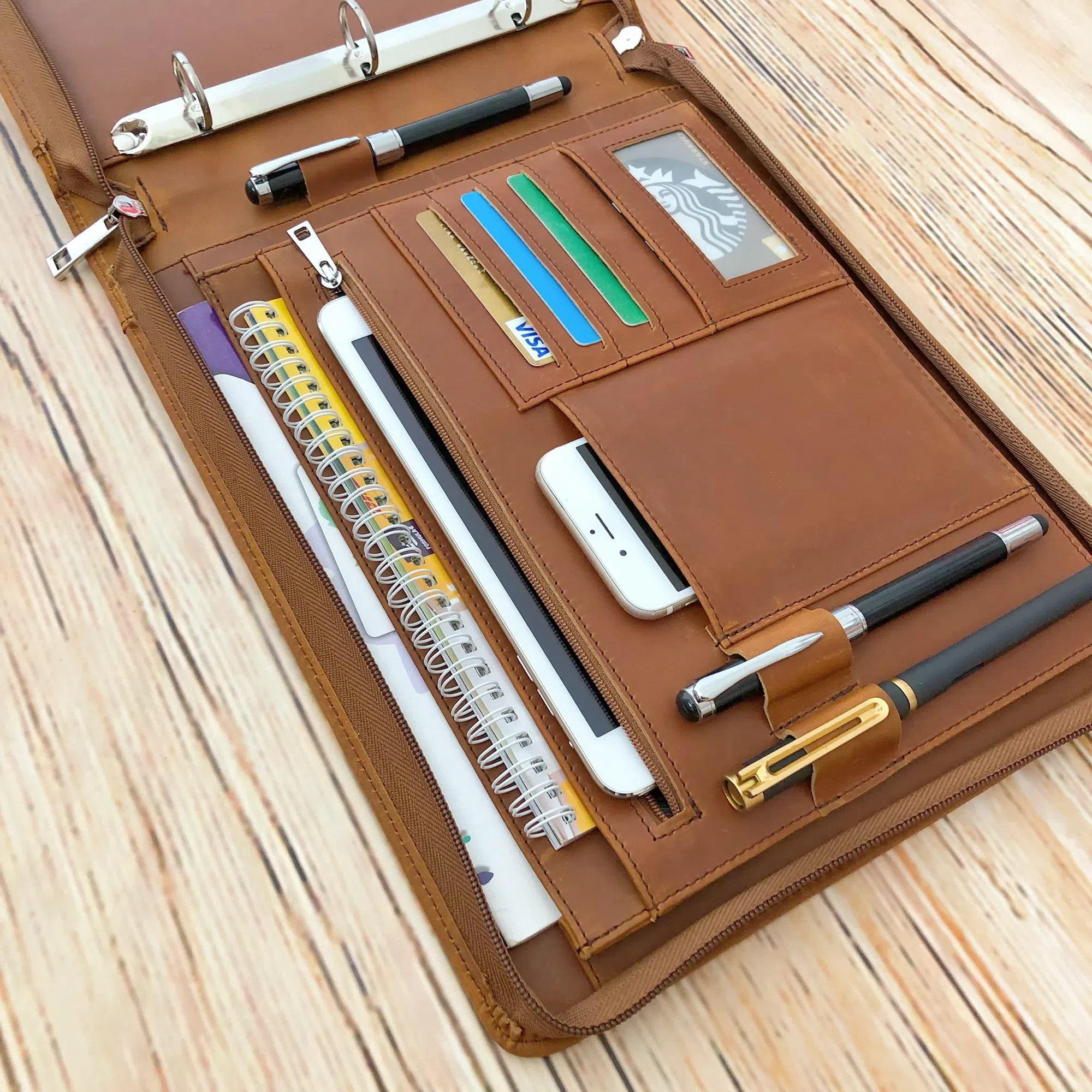 Business 3 Ring Check Binder, Genuine Leather Check Book Portfolio for 3 Holes or 9 Holes Checks, Check Book Binder for 11 1/4"x9", Crazy Horse Leather (Brown)