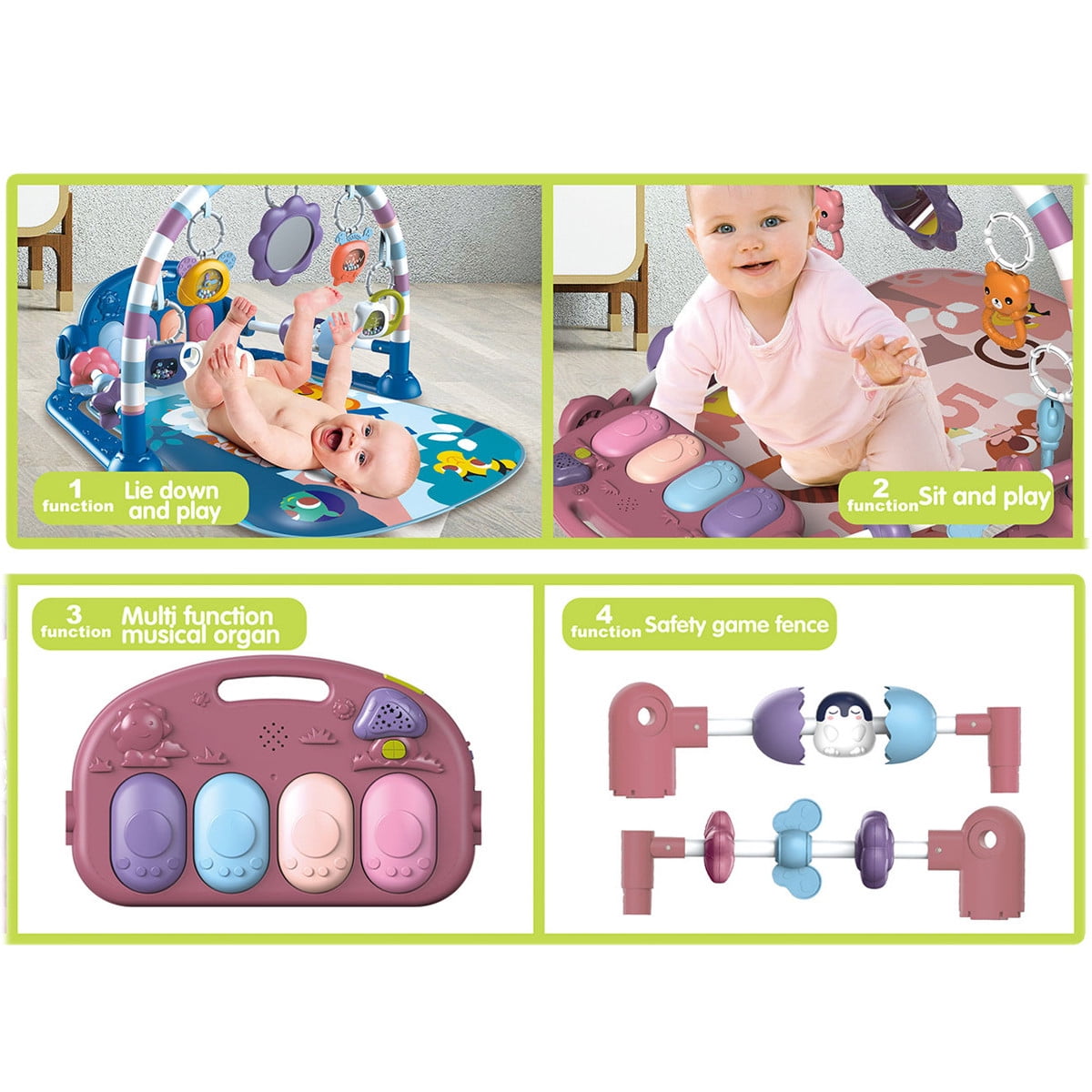 Babyeap Baby Gym Play Mat 3 in 1 Fitness Rack with Music and Lights Fun Piano Baby Activity Center,Pink