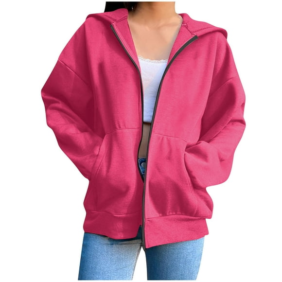 RXIRUCGD Womens Oversized Hoodies Fleece Sweatshirts Long Sleeve Zipper V-Neck Sweaters Pullover Fall Outfits With Pocket, Hot Pink, Size: L