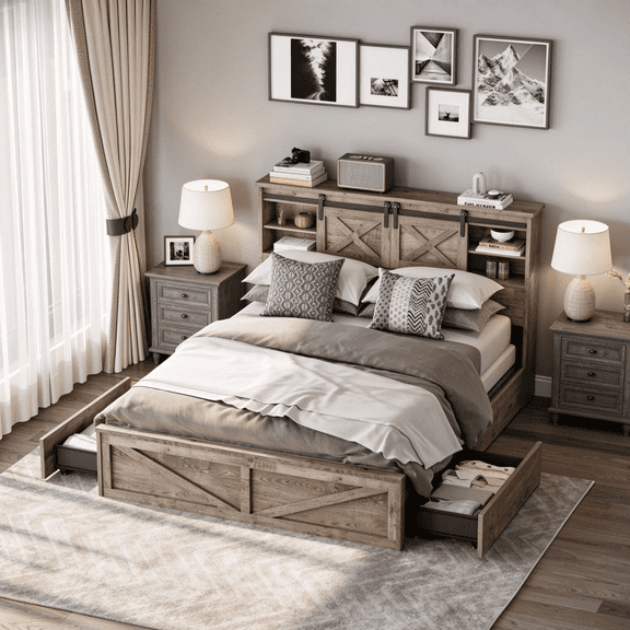 Queen Size Modern Farmhouse Platform Bed Frame with Sliding Barn Door Storage and Charging Station, LED Lights and 2 Drawers for Master Bedroom, Grey