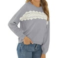 thumbnail image 4 of Women Lace Splicing Crew Neck Long Sleeve Solid Color Knitted Shirt, 4 of 6