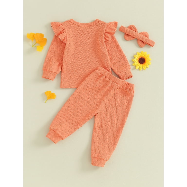 Douhoow 3Pcs Infant Girl Fall Outfits 3 6 9 12 18 24 Months Baby Girl Clothes Set Solid Color Crew Neck Long Sleeve Sweatshirts Long Pants Headband