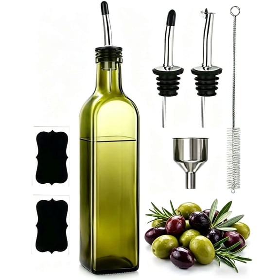 Gogcaro 17 oz Olive Oil Dispenser Bottle, Easy Pouring Green Glass Bottle with Stainless Steel Spout & Funnel, Leakproof for Kitchen