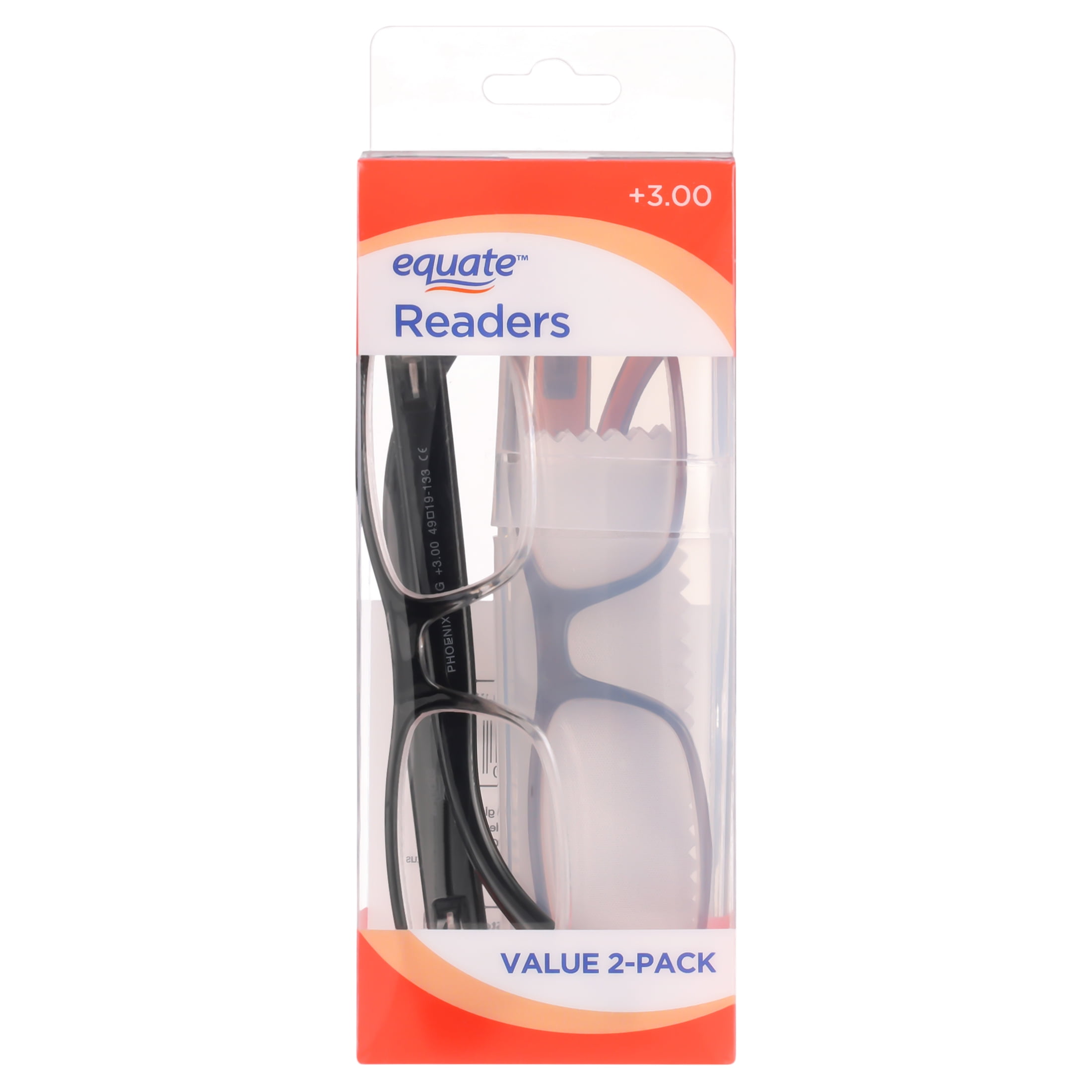 Equate Unisex Phoenix Rectangular Reading Glasses with Case, Gradient Black/Brown, +3.00, 2 Pack