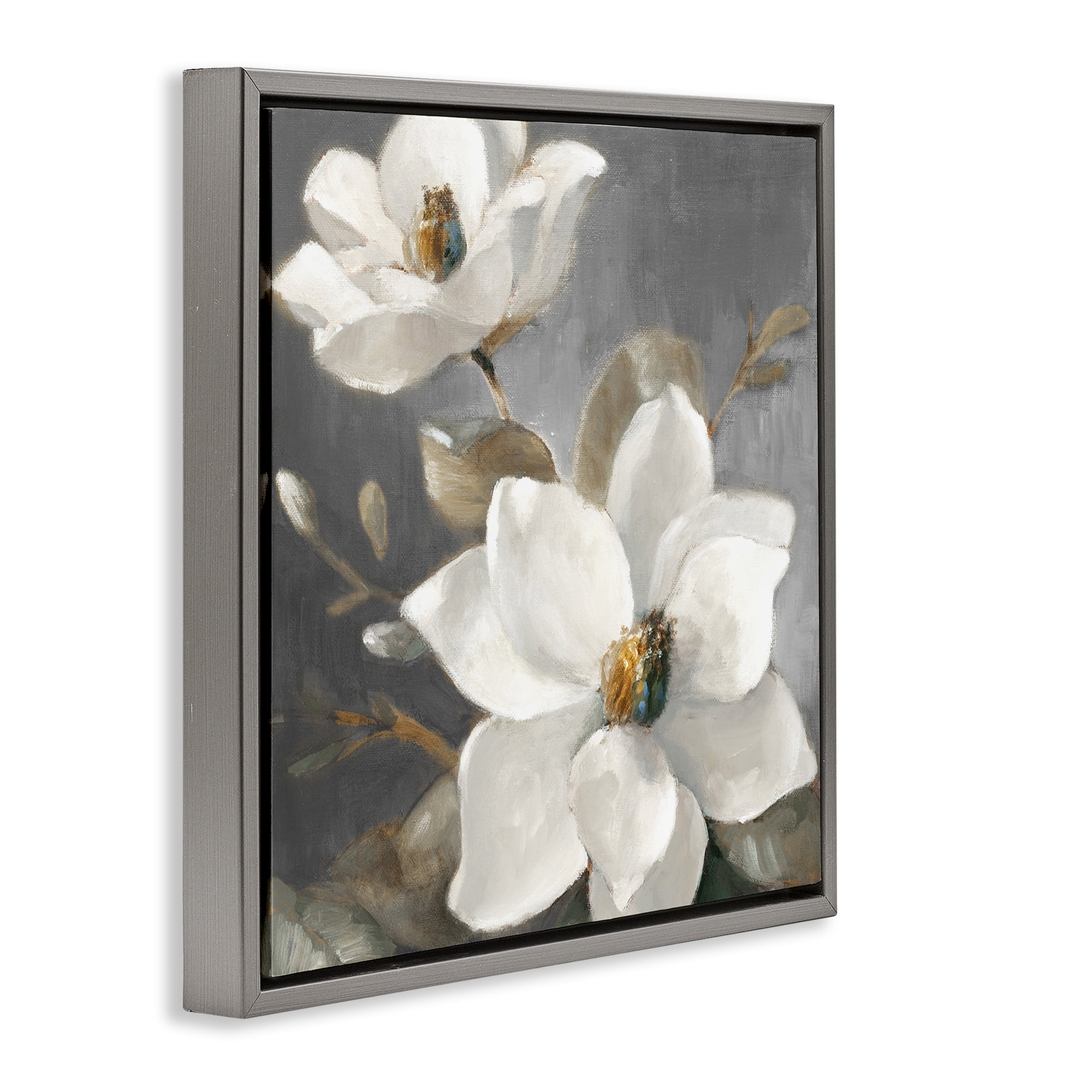 Stupell Industries Magnolias on Grey Botanical & Floral Painting Gray Floater Framed Canvas Art Print Wall Art, 18 x 18