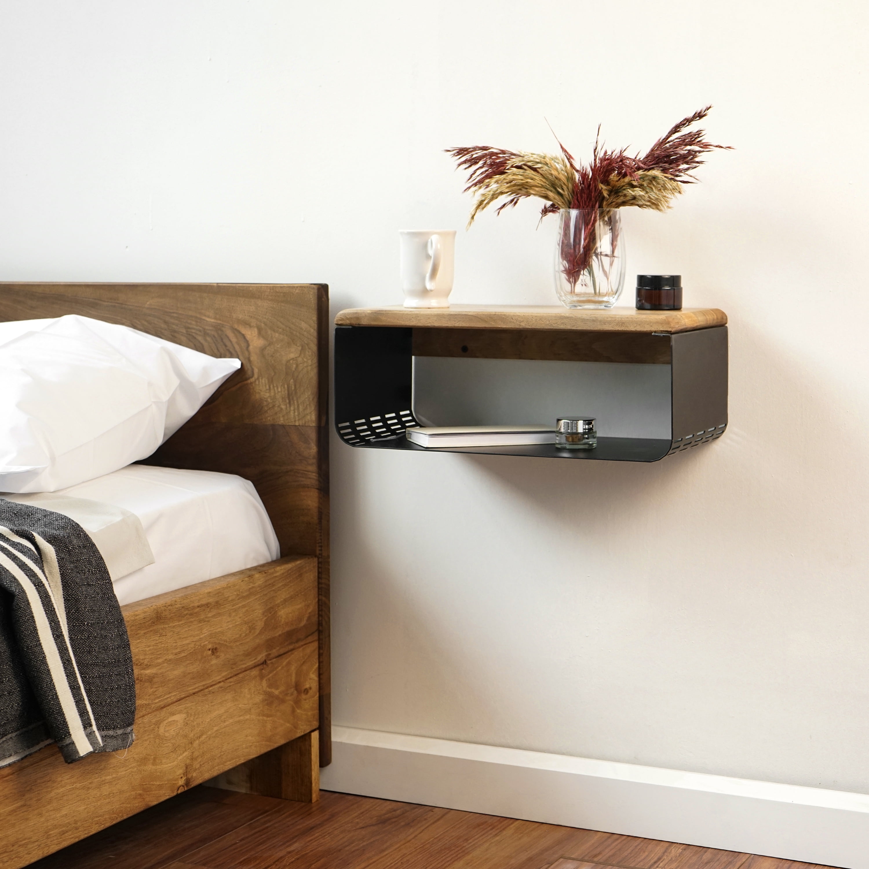 Ultimate Premium Products Small Floating Metal Nightstand with Walnut Top