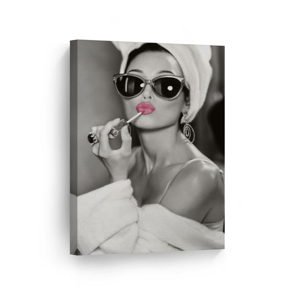 Smile Art Design Audrey Hepburn Wall Art Pink Lips Makeup CANVAS PRINT Iconic Pop Art Pretty Beauty Black and White Living Room Bedroom Wall Decor Home Decor Ready to Hang Made in USA - 12x8