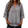 thumbnail image 2 of Linen Tops for Women Henley Shirts Western Frayed Fringe Distressed Boho Tops with Raw Hem Loose Beach Clothes Casual Summer Gauze Shirts 2026 Gauze Shirts,Gray,S, 2 of 5