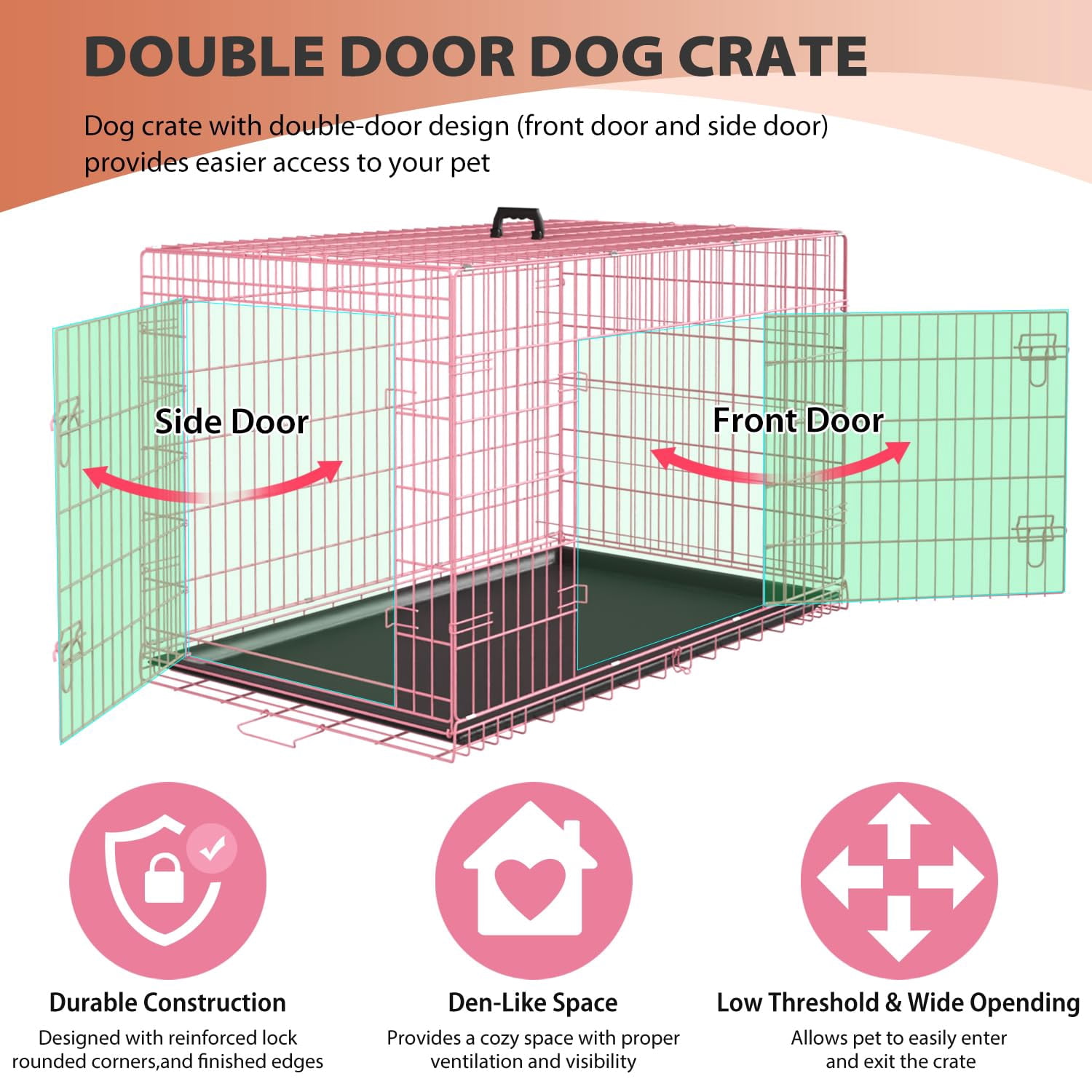 XF XINFENG Dog Crate Kennel for small dogs 30 inches Metal Dog Cage Double-Door Folding Travel Indoor Outdoor Puppy Playpen with Divider,Pink
