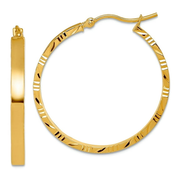 14k Solid Yellow Gold Sparkle-Cut Edge Large 3mm Polished Hoop Earrings 30x30mm Wide 3mm Thick Hoop Earring for Women