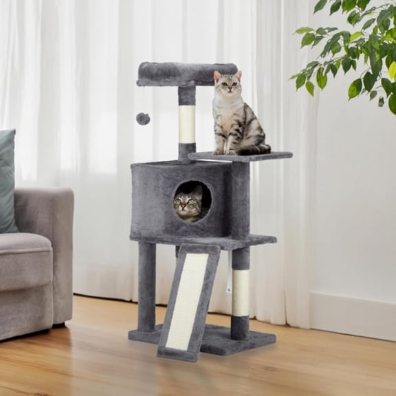 47 inch Cat Tree Tower for Indoor Cats, Kitty House with Padded Platform Bed, Toy Ball, Large Cozy Condo, Scratch Board and Sisal Scratching Posts, Dark Grey