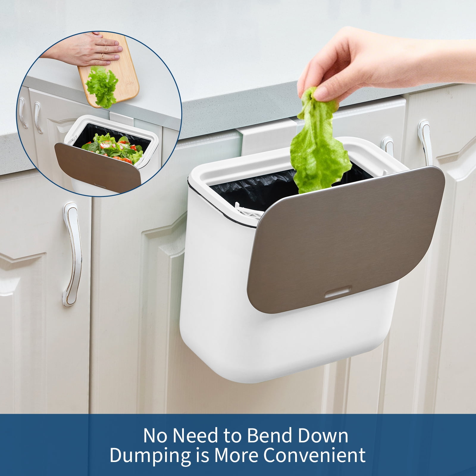 1.8 Gallon Kitchen Hanging Small Trash Can with Stainless Steel Lid, Odor-Free Compost Bin, Space-Saving Garbage Can for Cabinet, Under Sink, RV, Bathroom, White