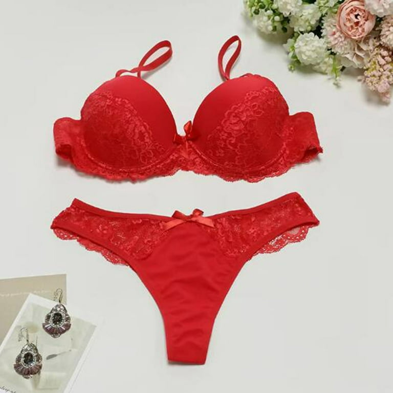 Matching Bra And Panty Sets,Lace Lingerie Set Women's 2 Piece Strap  Bralette Bra and Panty Lingerie Set(L,Red) 