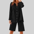 thumbnail image 2 of cfhntfmh Women 2 Piece Linen Sets Lounge Sets Long Sleeve Button down Matching Outfits with Knee Length Shorts, 2 of 7