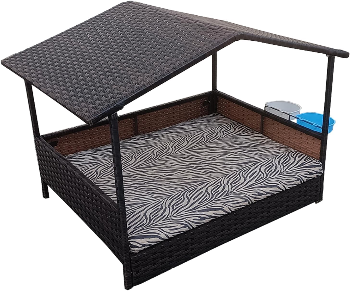 Outdoor Wicker Dog House with Canopy, Rattan Outside Dog Shelter with Removable Cushion Lounge, Washable Cover, Dog Bowl, Elevated Raised Rattan Dog Bed for Small to Medium Dogs & Cats