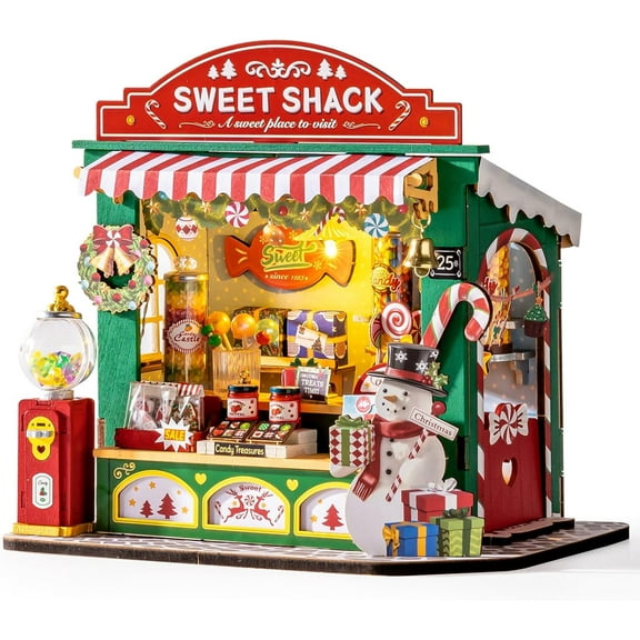 Rolife DIY Miniature Dolls House Kit Christmas Candy Stand, Wooden Model Building Kit With LED Lights, Model Kits for Adults to Build, Home Decor Christmas Birthday Gifts