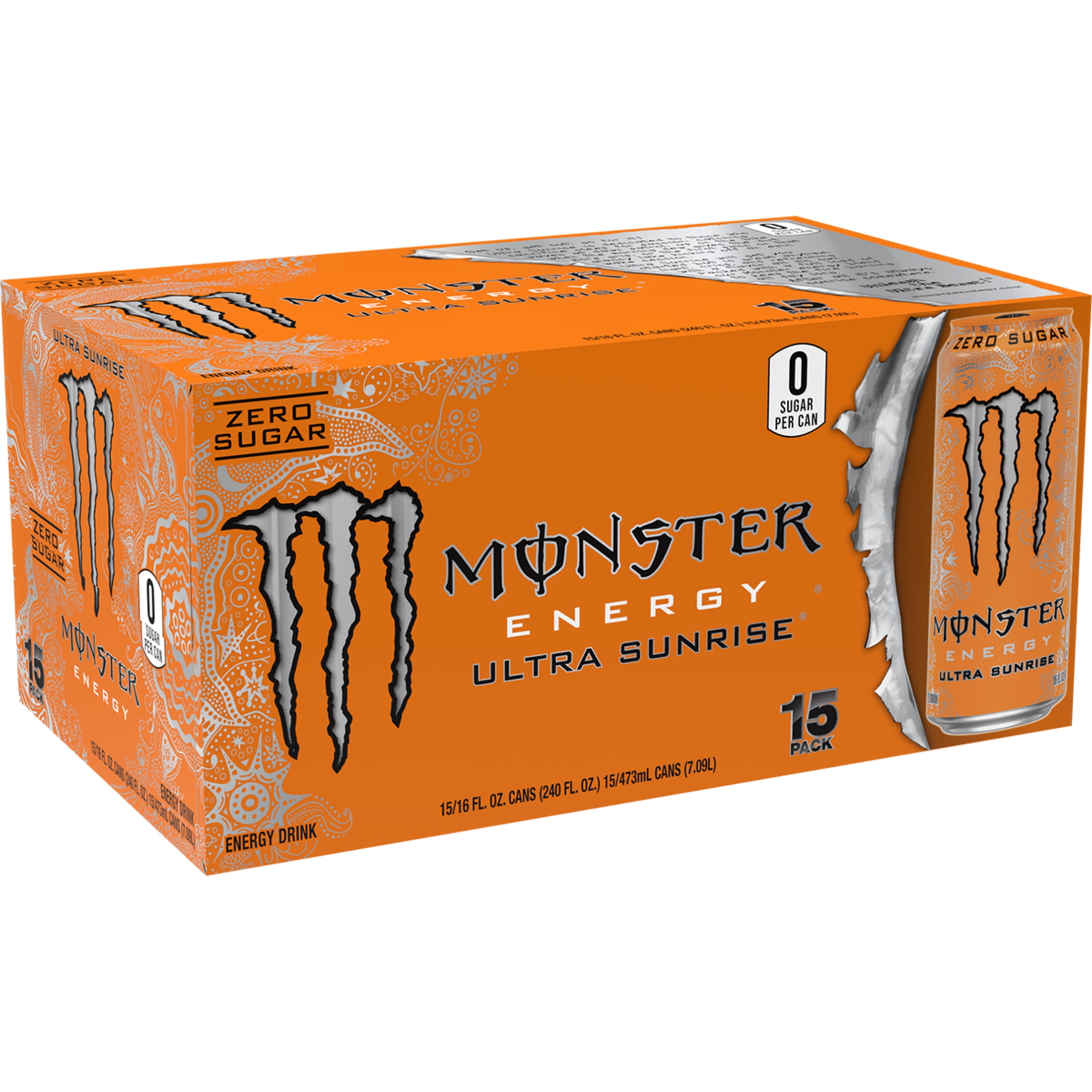 Monster Energy Ultra Sunrise Energy Drink, Zero Sugar, 15-Pack, 16 Oz Cans