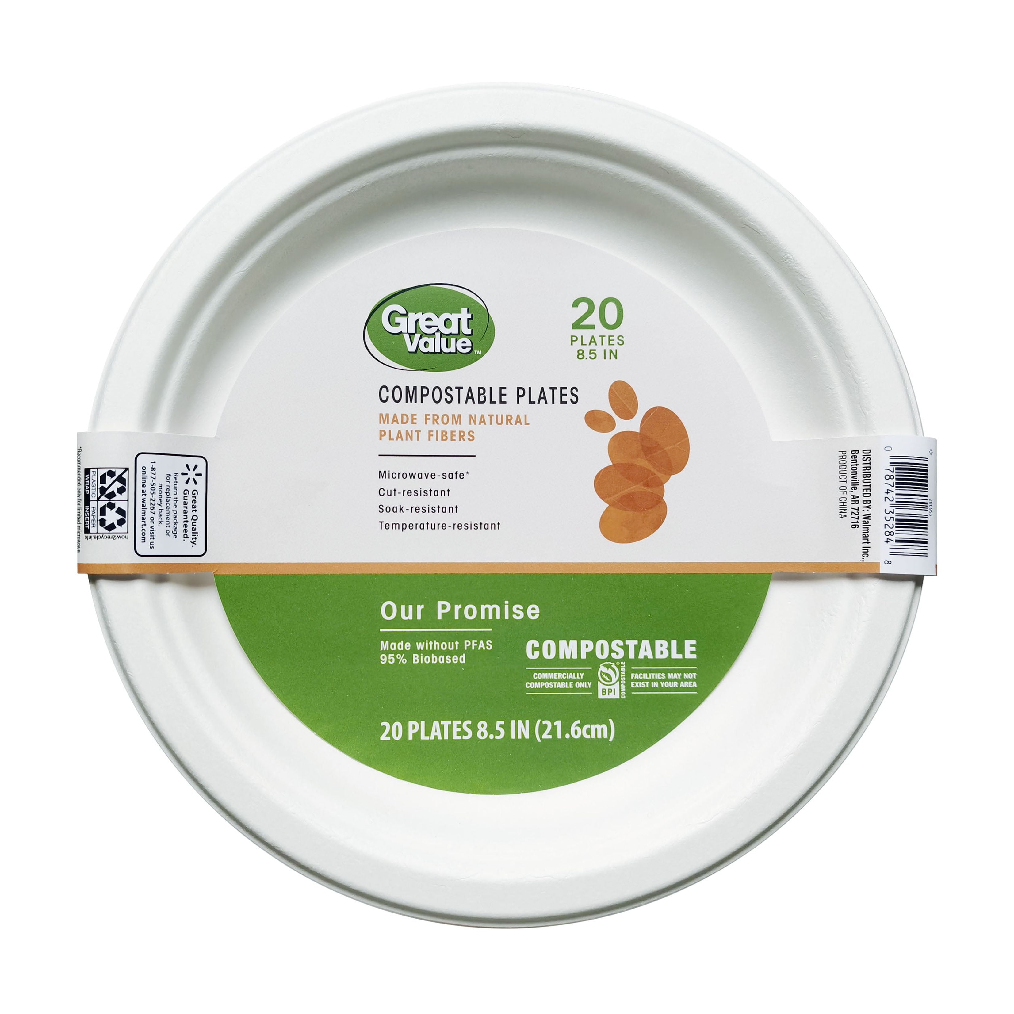 Great Value Compostable Disposable Paper Plates, 8.5", White, 20 Count