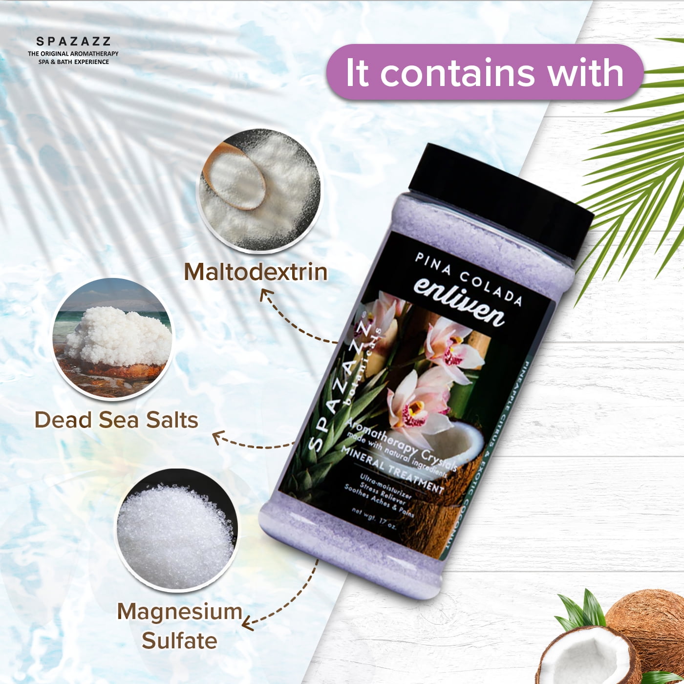Spazazz Hot Tub Aromatherapy Pina Colada Enliven 2 Pack - 17 oz Each. Crystals and Bath Salts for Hot Tub and Bathtub Spa - Aromatherapy Scented Salts for Relaxation!