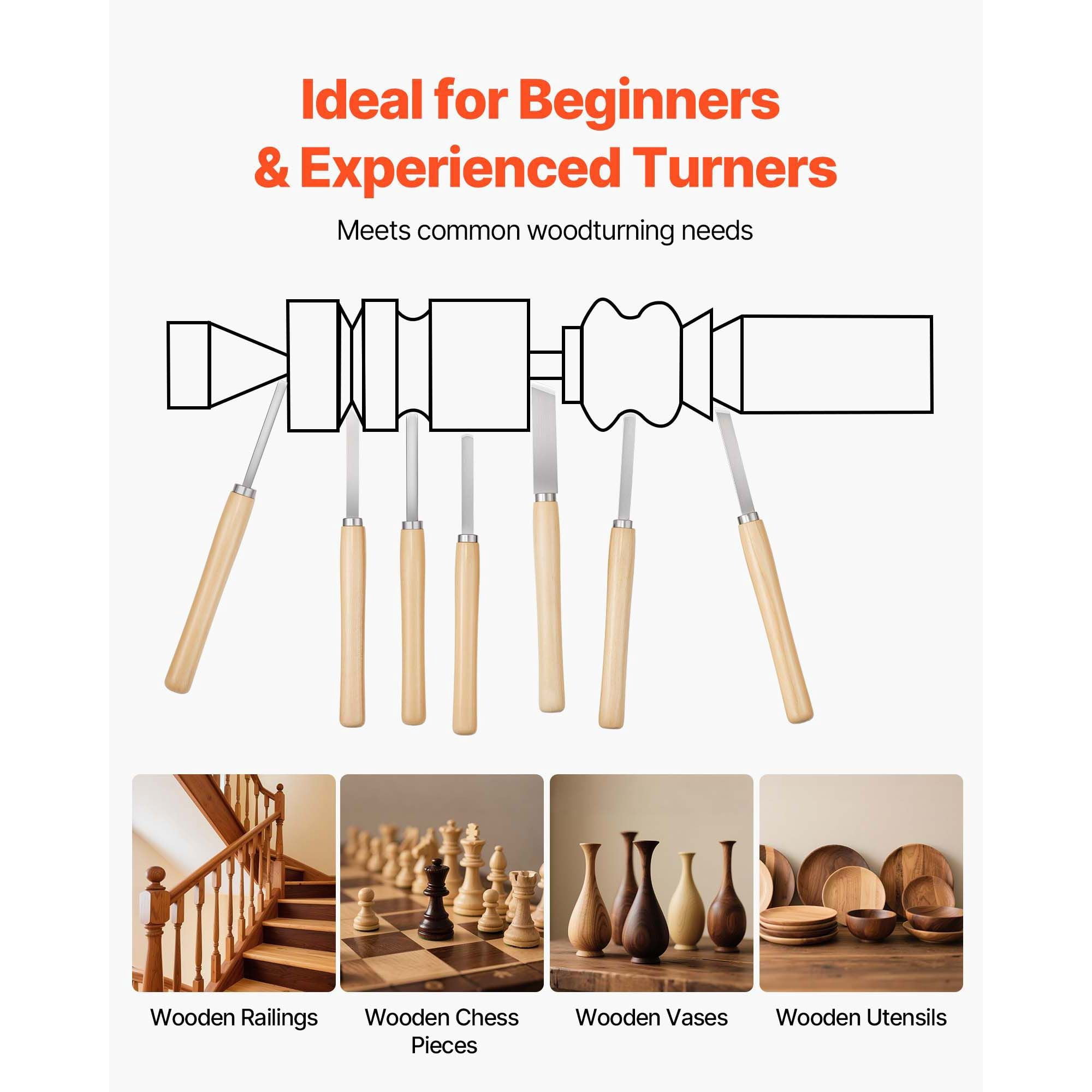 Wood Lathe Chisel Set 8-Piece Carbon Steel Blades 2 Skew Spear Parting Round Nose Gouge Tools with Oxford Bag for Woodworking Beginners