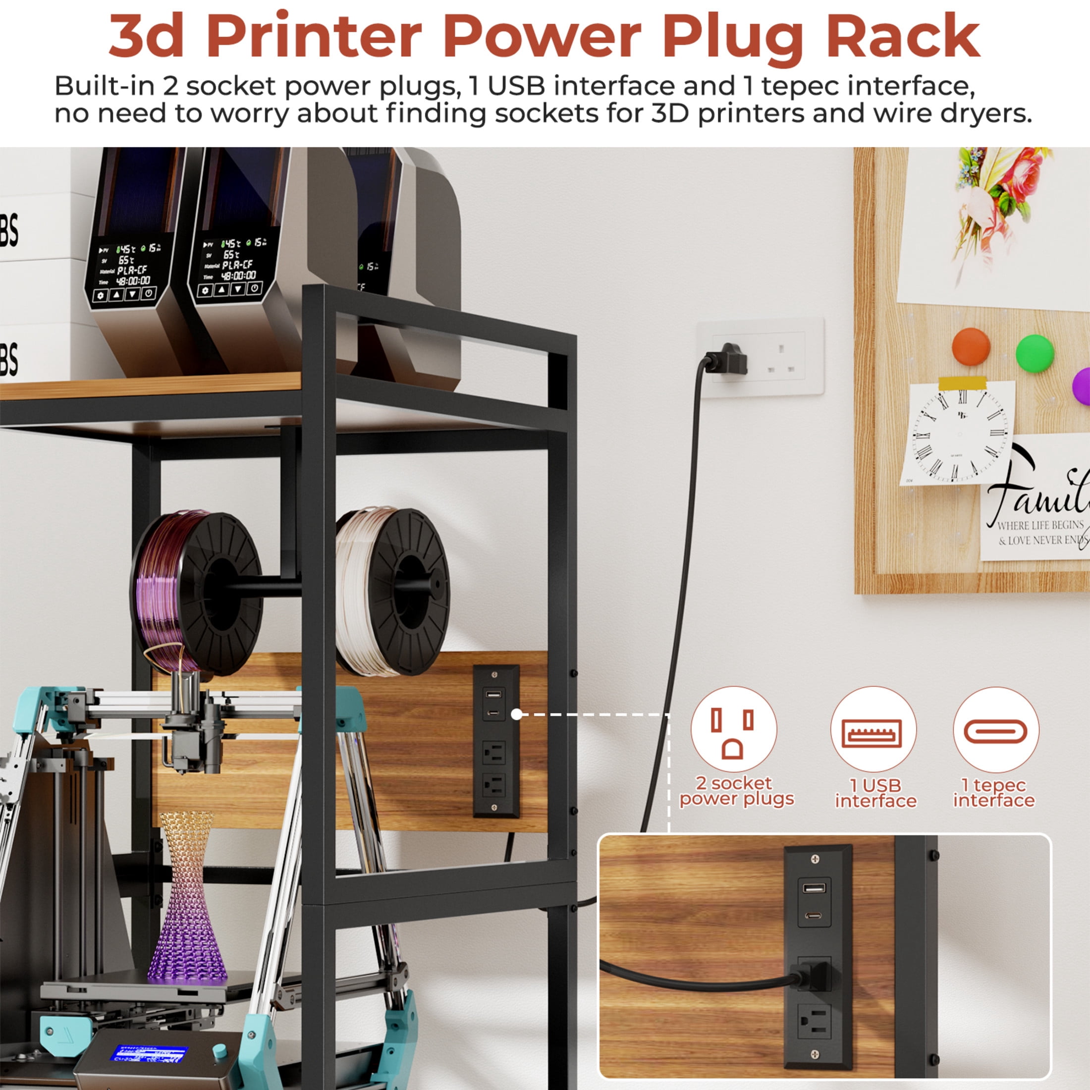 Noble House 3D Printer Stand with Filament Storage, Heavy-Duty Metal Workstation with Power Panel, Black