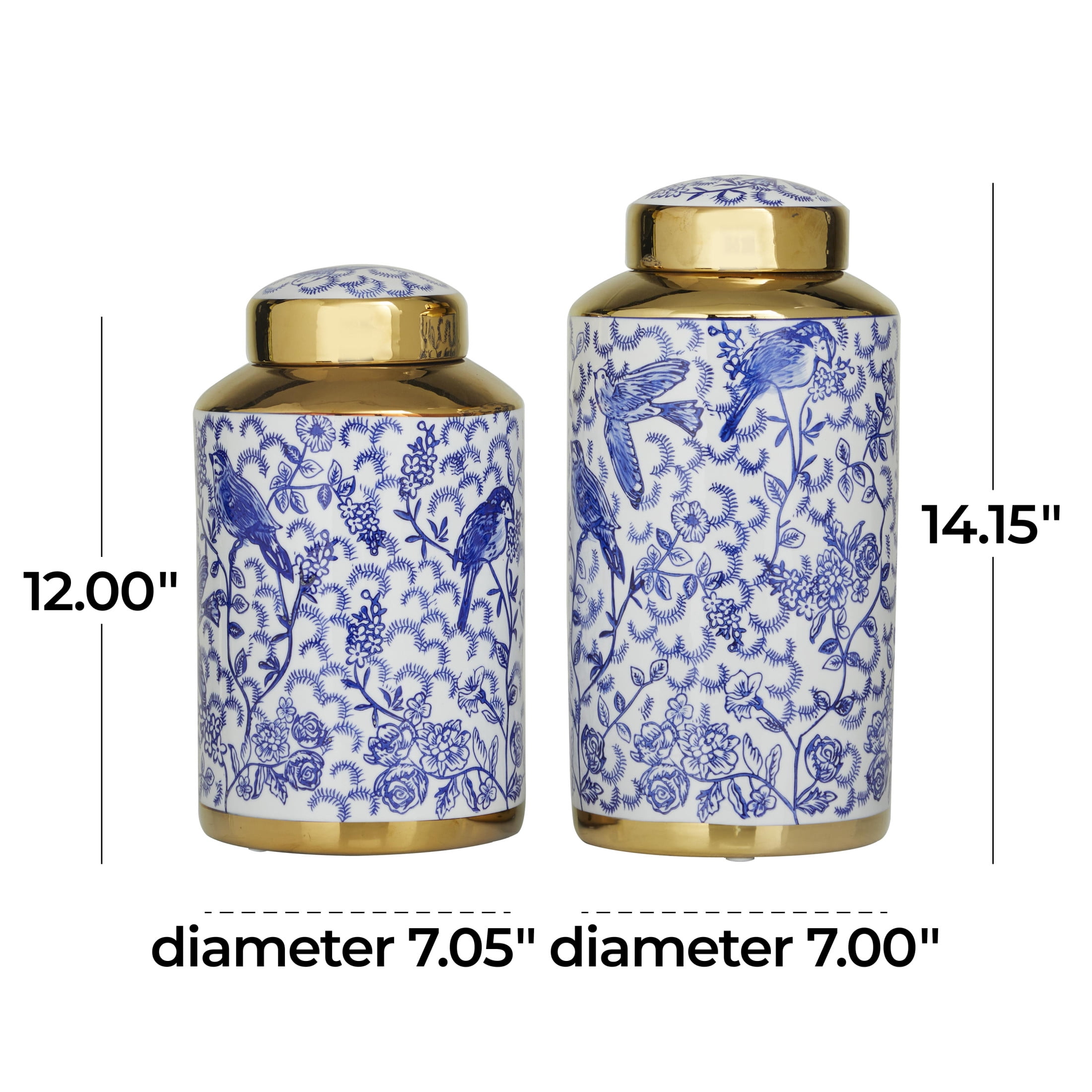 DecMode 14", 12"H Blue Ceramic Floral Decorative Jars with Gold Accents, 2-Pieces