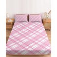 thumbnail image 2 of Full Size Fitted Sheet Set - Pink Plaid 3 Piece Bedding Sets 16" Deep Pocket Fitted Sheet with 2 Pillowcases, White Stripes Modern Grids Geometric Brushed Microfiber Hotel Luxury Bed Sheets, 2 of 9