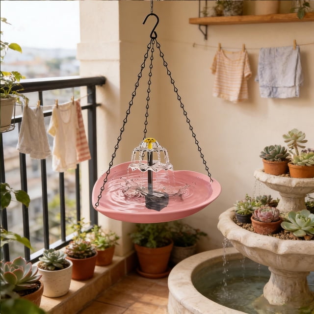 weibbin Outdoor Garden Solar Bird Bath with Hanging Heart Shaped Chain Love Design for Hummingbird Water Feature Plastic