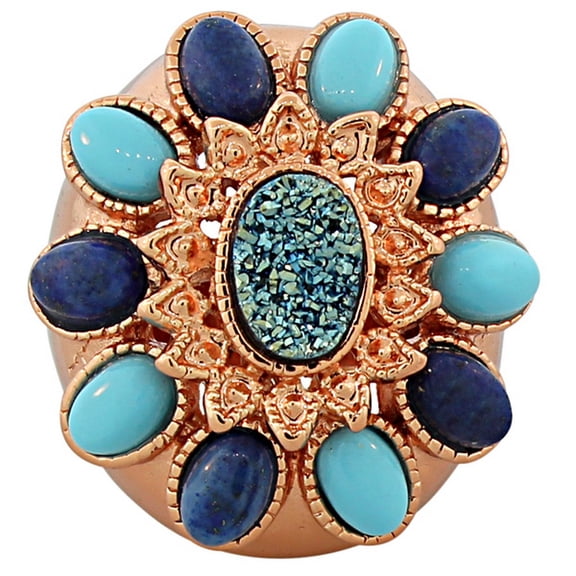 18K Rose Gold Plated Bronze Blue Turquoise Gemstones Drusy Quartz Large Fashion Cocktail Ring