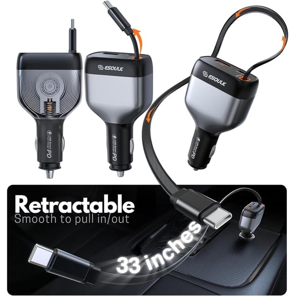 GVDCC -Retractable Car Charger 81W 3 Port Fast Charging Adapter | Equipped Built 45W Retractable Type C cable and 36W PD Type C port and a separate 18W QC USB A port for maximum convenience
