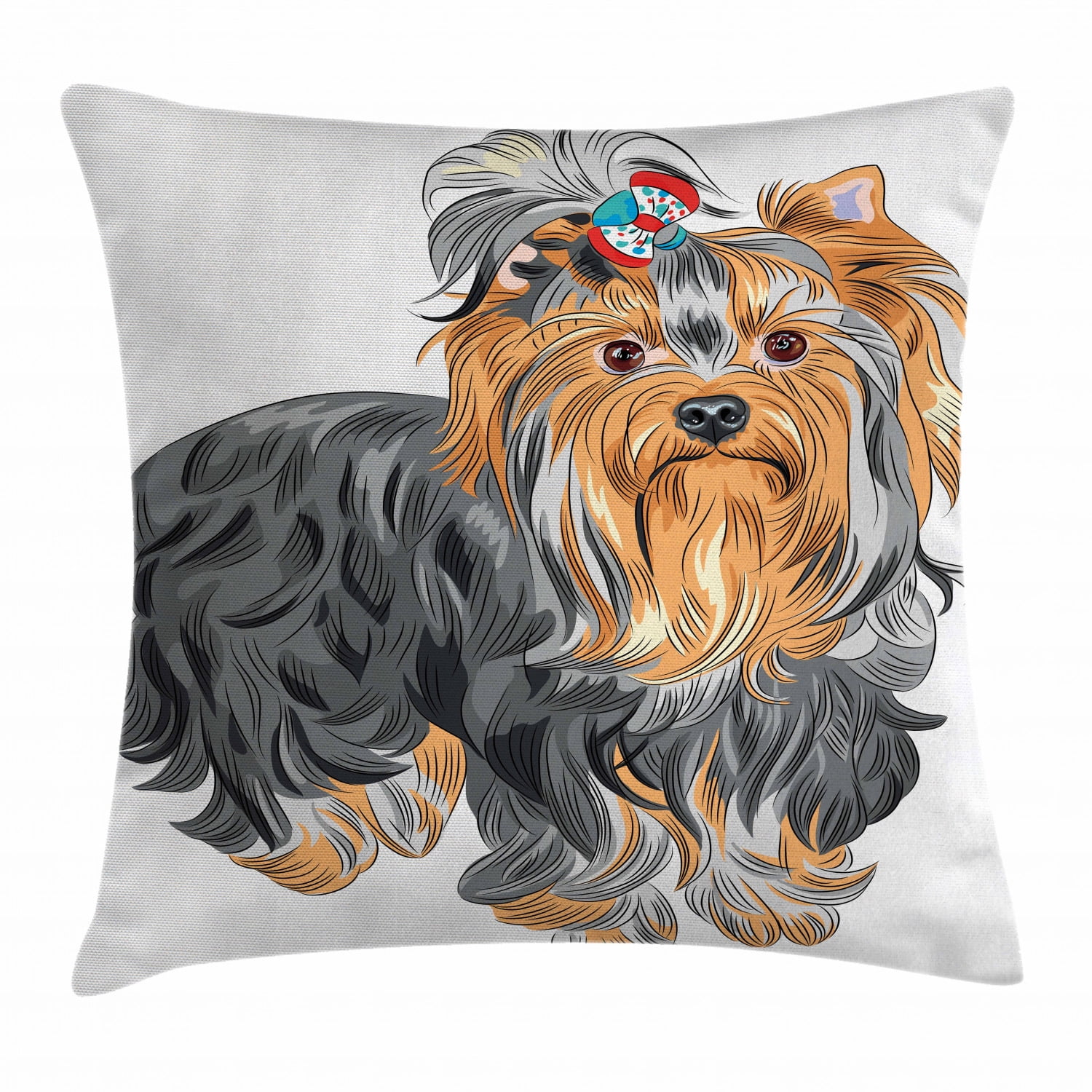 Yorkie Throw Pillow Cushion Cover, Terrier with Cute Bow on Head