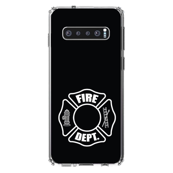 DistinctInk Clear Shockproof Hybrid Case for Samsung Galaxy S10 (6.1" Screen) - TPU Bumper, Acrylic Back, Tempered Glass Screen Protector - White Fire Department Maltese Cross - First Responders