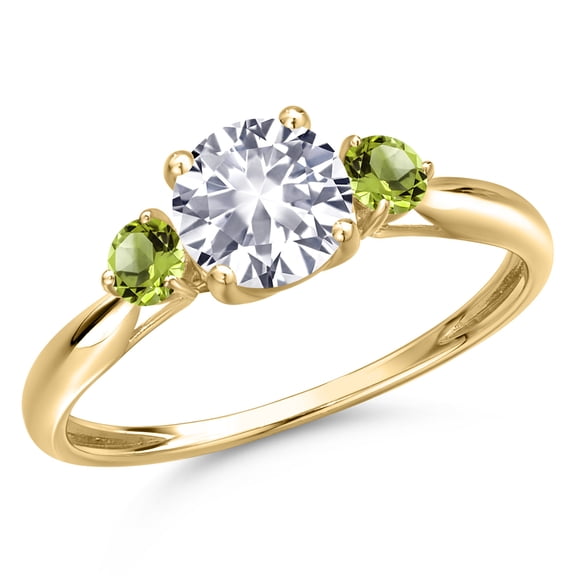 Gem Stone King 10K Yellow Gold White Created Sapphire and Green Peridot 3-Stone Ring for Women | 1.24 Cttw | Round 6MM | Gemstone September Birthstone | Size 9