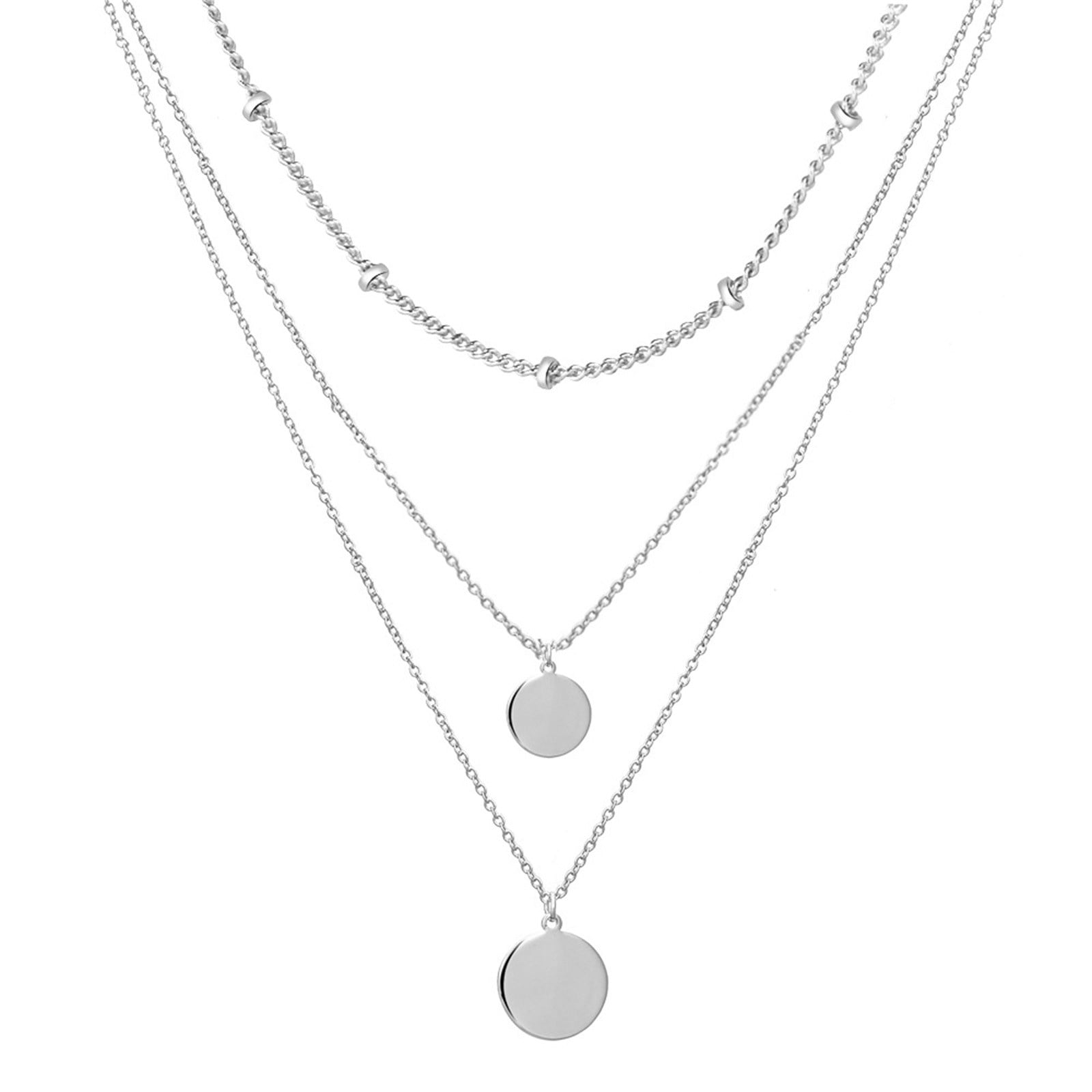 Silver Choker Necklace Coin Rhinestone Bar 3 Layer Chain Dainty Charms Disc 