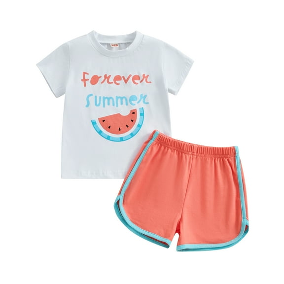 Aojekbee Toddler Girl Summer Outfit Letter Watermelon Print Short Sleeve T-Shirts Tops and Shorts 2Pcs Clothes Set