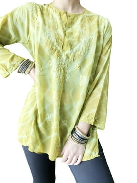 Women Tunic Blouse, Boho Green White Tie Dye Style With Embroidery Designs, Summer Sheer Georgette Beach Dress Cover Up S