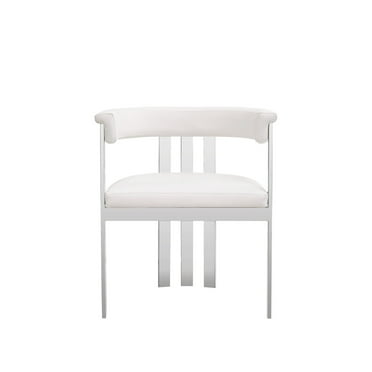 Benjara Cid Tayc 25 Inch Dining Chair, White Faux Leather, Stainless Steel Frame