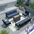 thumbnail image 3 of Gotland 8 Seats Outdoor Metal Patio Furniture Set with 55,000 BTU Gas Fire Pit Table w/Glass Wind Guard Patio Conversation Sectional Sofa Sets-Navy, 3 of 7