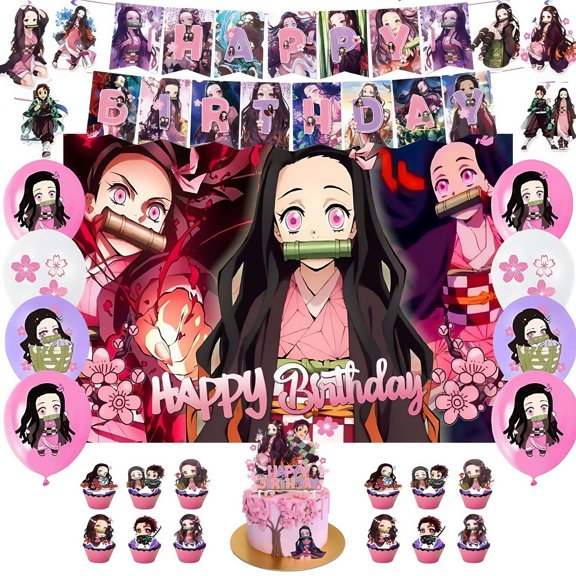 Demon Slayer Kamado Nezuko Party Supplies, 39-Piece Birthday Decorations Set Includes Banner, Balloons, Backdrop, Hanging Swirls, Cake Cupcake Toppers, Demon Slayer Themed Party for Boys and Girls