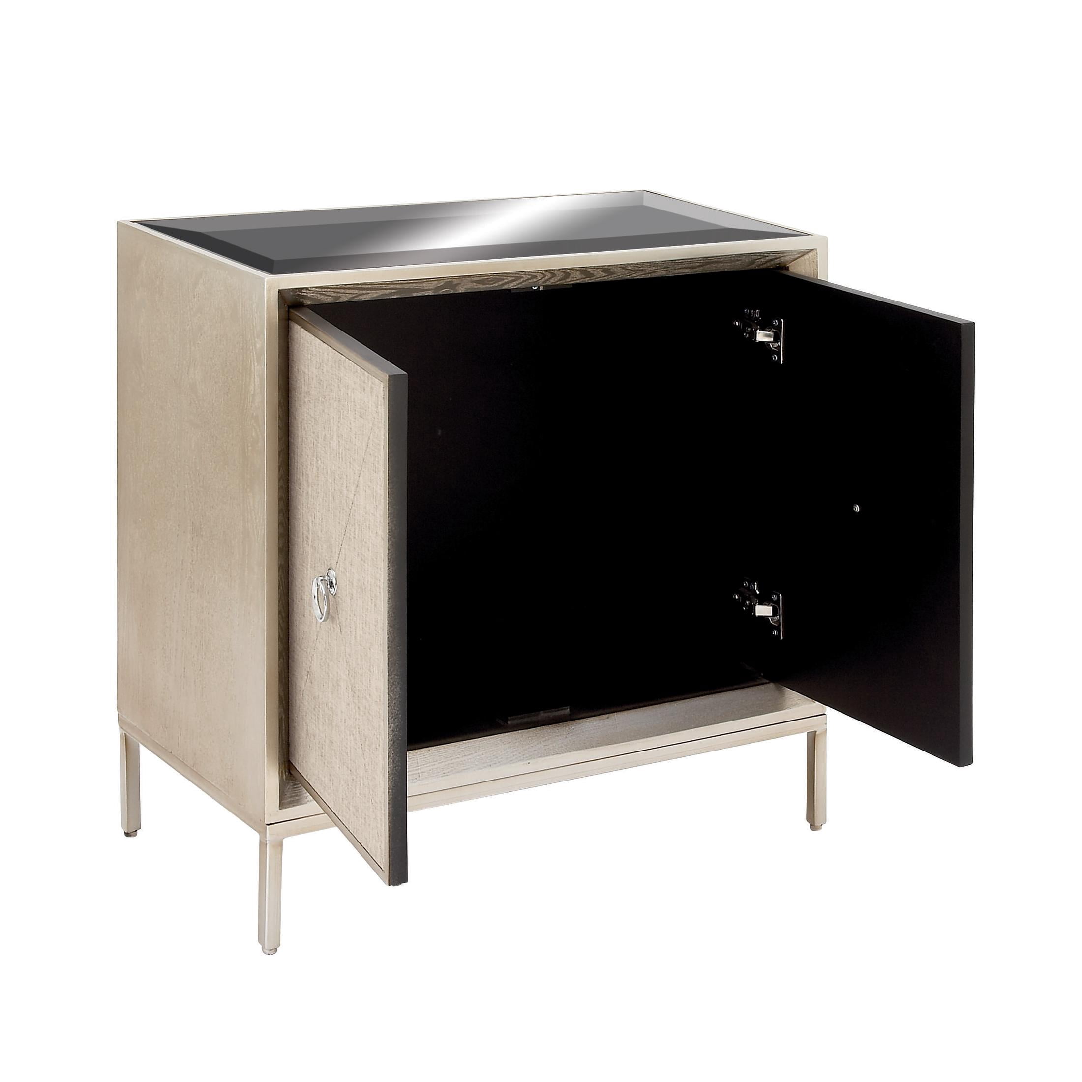 DecMode 32" x 32" Beige Wooden Upholstered Front Panel 2 Door Cabinet with Mirrored Top and Ring Handles, 1-Piece