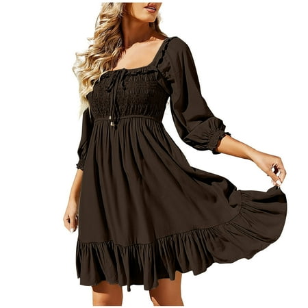 Olyvenn Womens Tunic Mini Babydoll Vacation Dress Drawcord Hollow Open Back Lace-up Smocked Trendy Summer Bubble Sleeve 3/4 Sleeve Prom Dresses for Women Retro Solid Sundress Fashion Brown 8