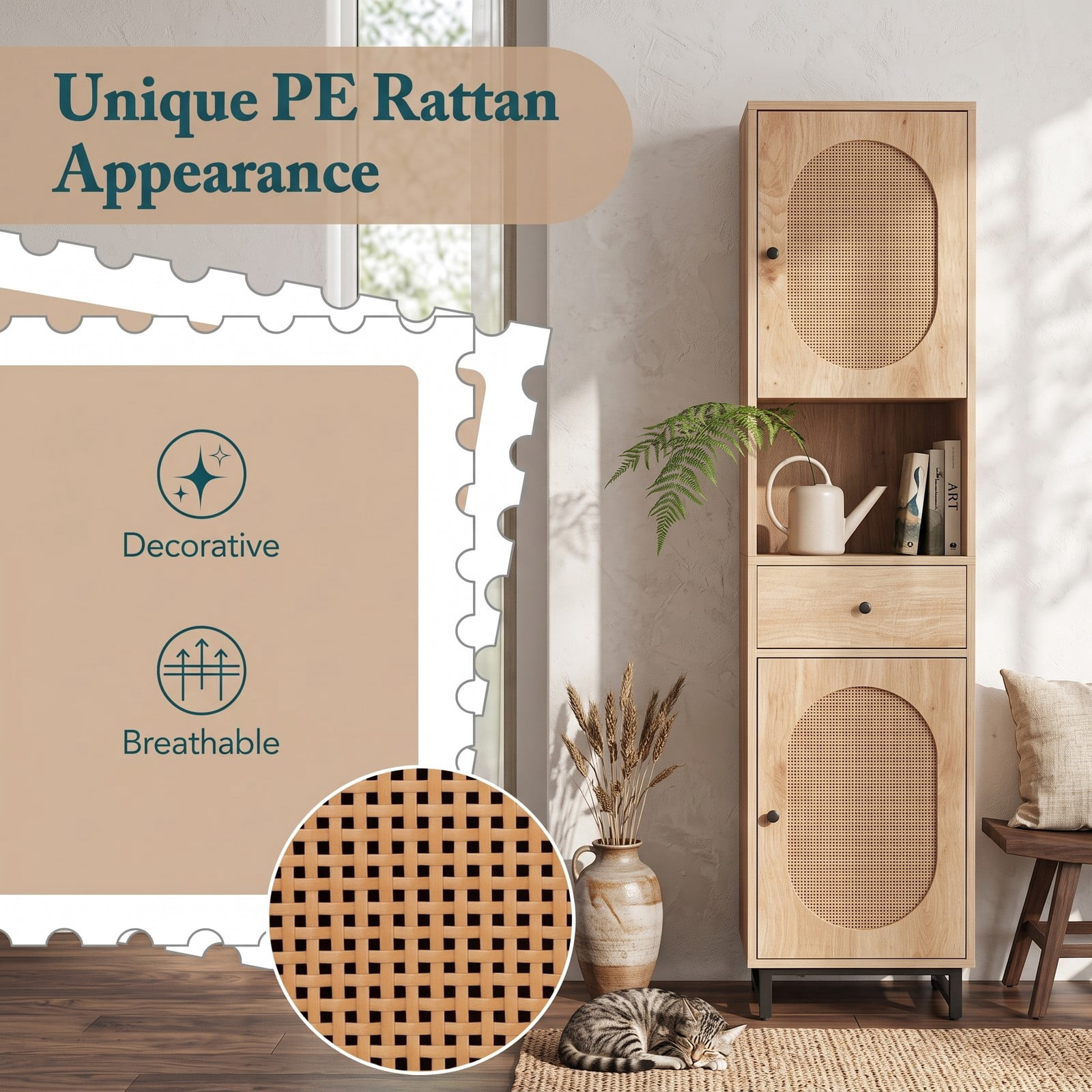 ALPULON 67 Inch Tall Bathroom Cabinet, PE Rattan Freestanding Floor Storage Cabinet with 2 Doors, 1 Drawer and Adjustable Shelves for Bathroom Living Room, Natural