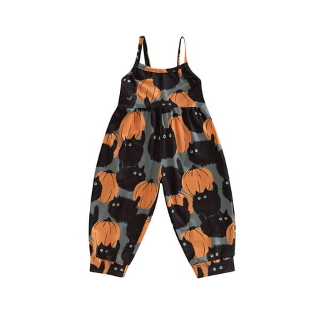 

Binwwede Toddler Kids Girls Halloween Romper Ghost/Cartoon Cat Pumpkin Print Sleeveless Sling Jumpsuit One-Piece Clothes