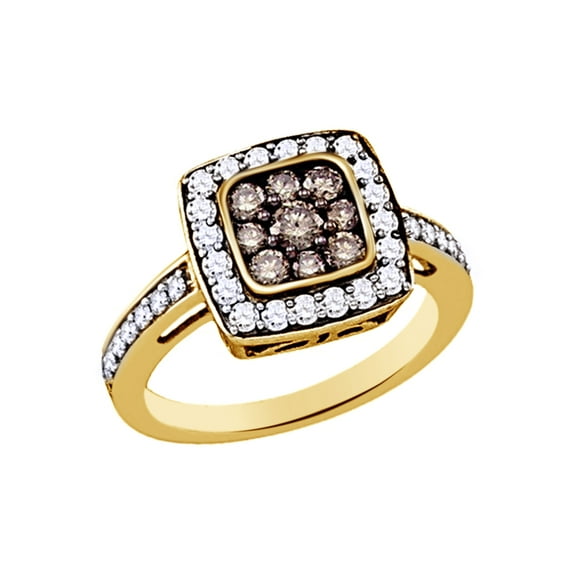 AFFY Brown & White Natural Diamond Cluster Engagement Ring In 10k Yellow Gold (1 Cttw)