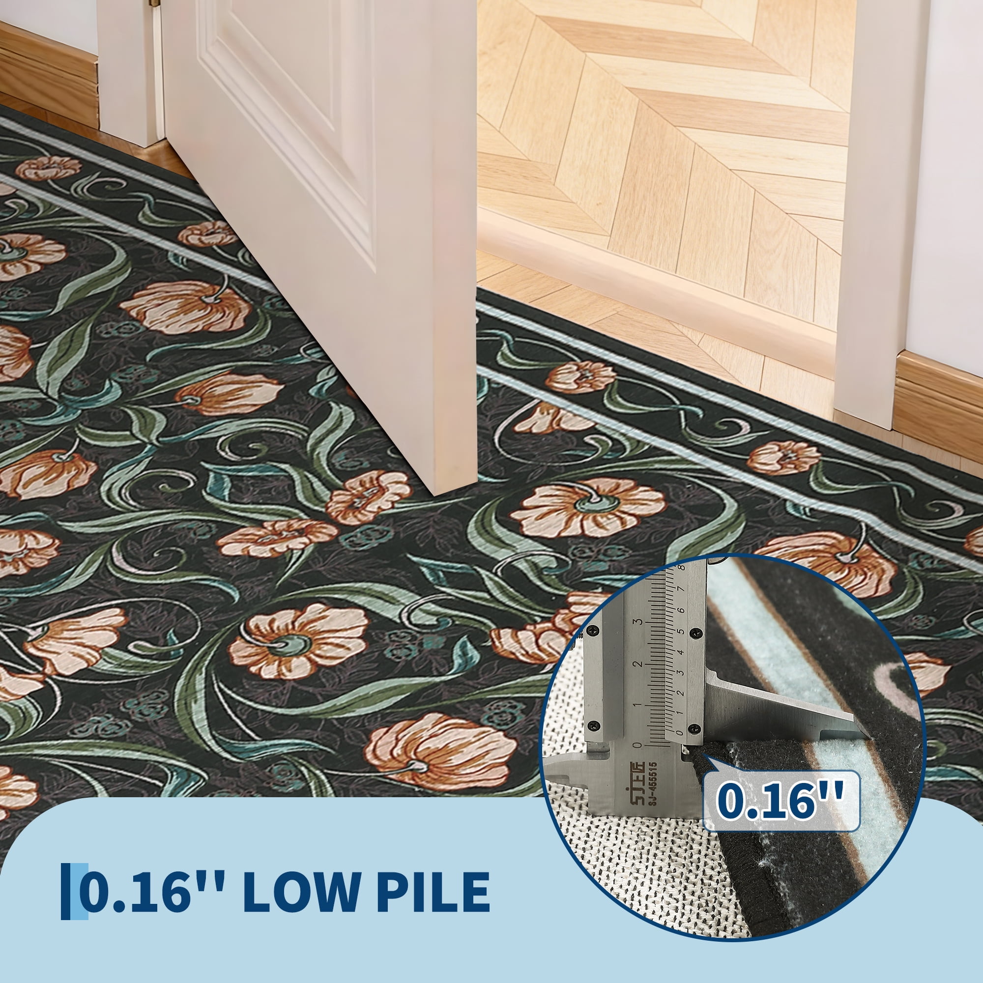 Memoryfield Modern Floral Area Rug 8' x 10', Washable Floor Cover, Soft Low-Pile Non-Slip Carpet, for Living Room Bedroom Dining Room, Black