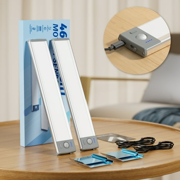 Under Cabinet Lighting(2 Pack), Rechargeable Battery Operated 46LED 3 Color Lights, Motion Sensor Light Indoor, Dimmable Night Light, Closet Lights for Kitchen Wireless,Stick-On Cabinet Lights.