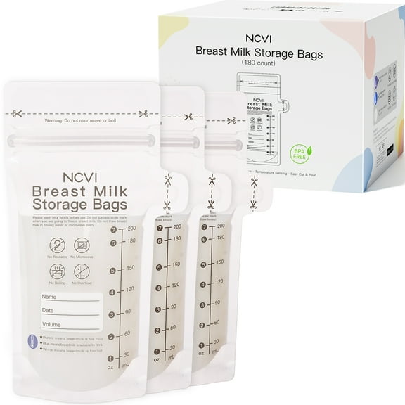 NCVI Breastmilk Storage Bags, Milk Freezer Bags for Long Term Breastfeeding Storage, Temperature Sensor (180 Count)