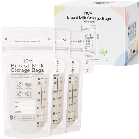 NCVI Breastmilk Storage Bags, Milk Freezer Bags for Long Term Breastfeeding Storage, Temperature Sensor (180 Count)