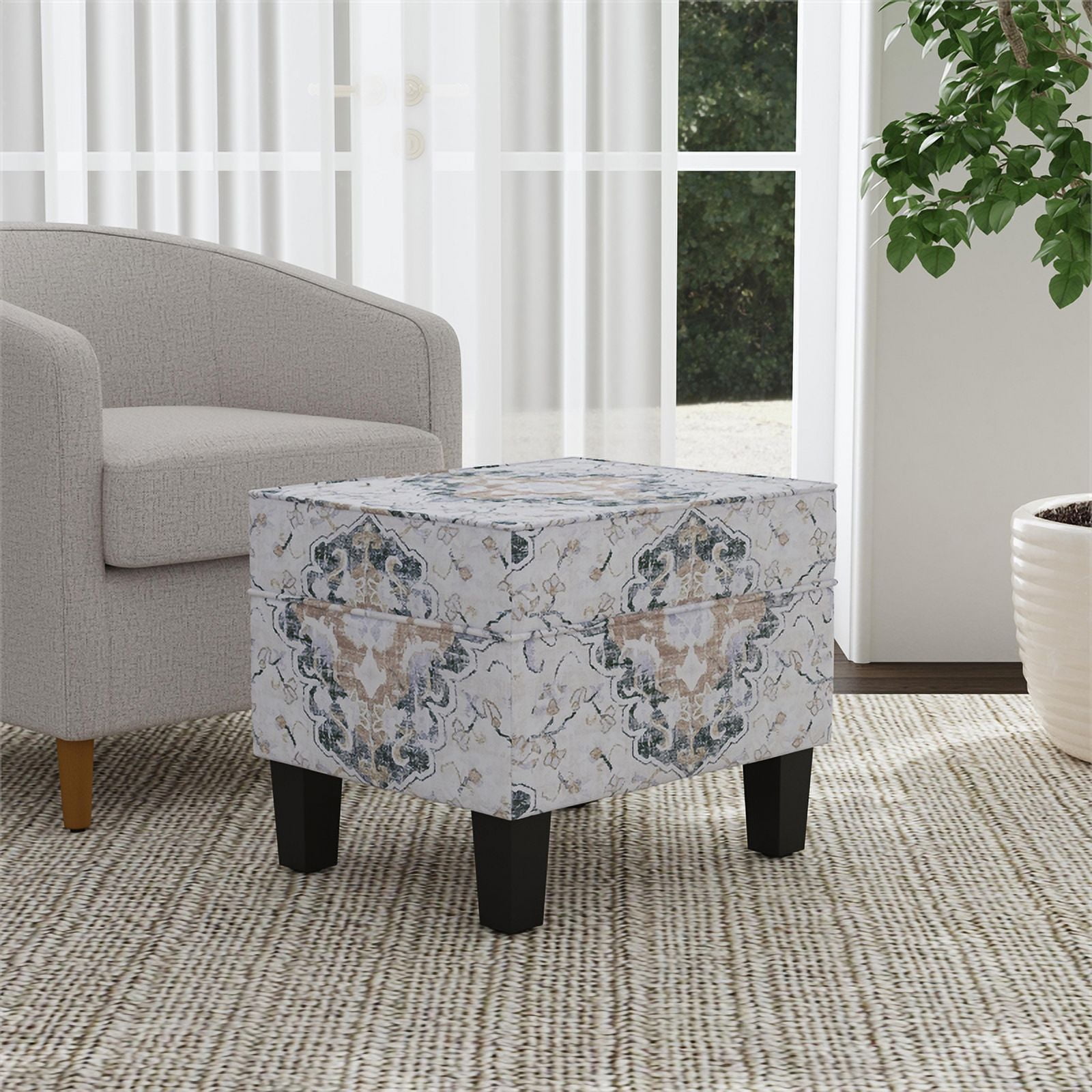 HomePop Medium Storage Ottoman with Hinged Lid, Antiqued Medallion Ebony